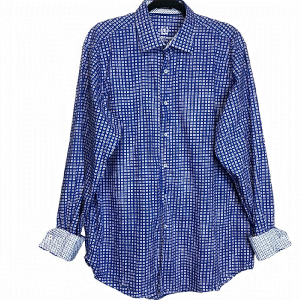 Bugatchi Blue Checkered Geometric Casual Button Down Shirt Classic Fit Size L
